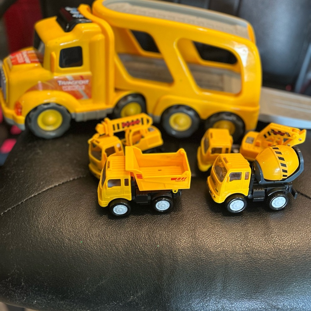Kids Yellow Toy Car Carrier with Mini Construction Trucks - Picture 3 of 3